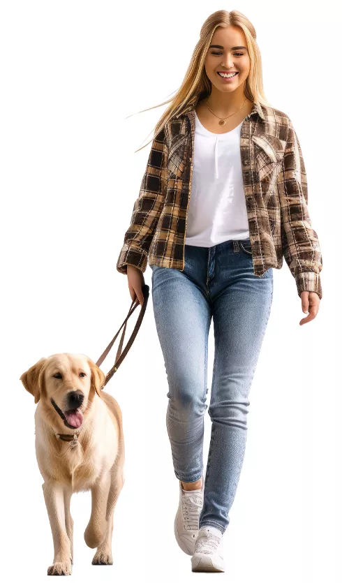 happy woman walking with her cute dog
