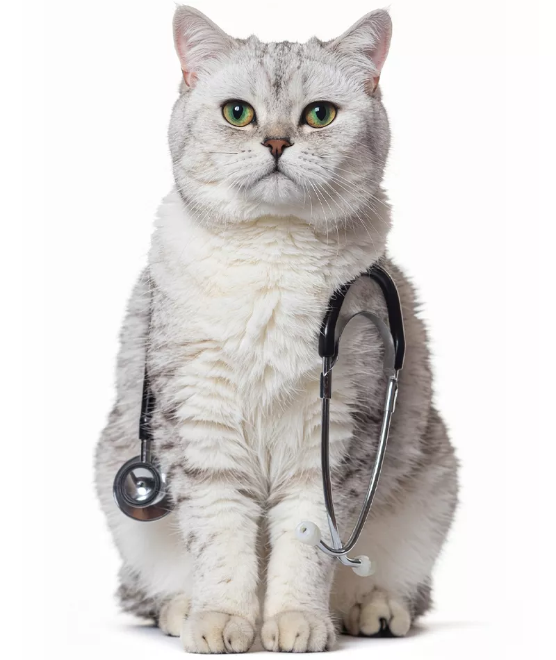 white cat with a stethoscope on his neck